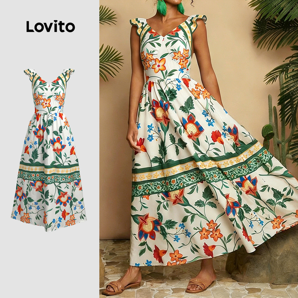 Lovito Vestido Boho com babados vestido primavera/verão para mulheres LK3LD397 Lovito Vestido Boho com babados vestido primavera/verão para mulheres LK3LD397