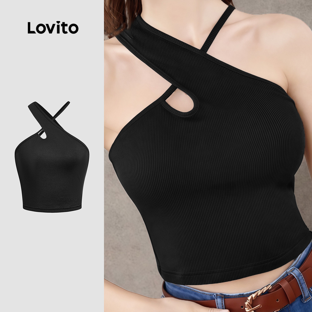 Lovito Casual Top Oco Criss Cross Lazer Preto Top para mulheres. L177AD134 Lovito Casual Top Oco Criss Cross Lazer Preto Top para mulheres. L177AD134