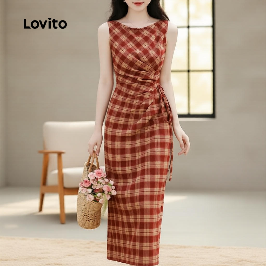 Vestido retrô xadrez de cintura estreita com babados e renda-DRB157P1D533 Vestido retrô xadrez de cintura estreita com babados e renda-DRB157P1D533