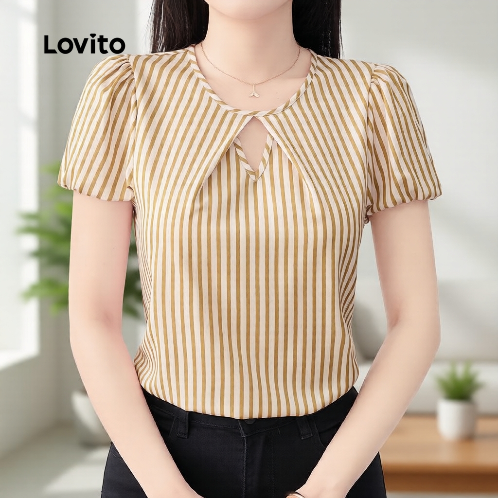 (NEW) Lovito Blusa Elegante Corte Gota Clássica e Versátil Primavera/verão Khaki para Mulheres L172LD1766 (NEW) Lovito Blusa Elegante Corte Gota Clássica e Versátil Primavera/verão Khaki para Mulheres L172LD1766