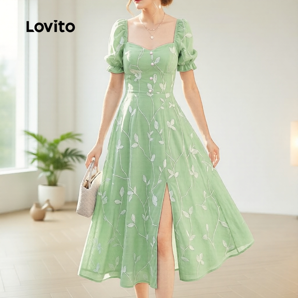 (NEW) Lovito Vestido Casual com zíper e babados primavera/verão vestido verde para mulheres LBL32073 (NEW) Lovito Vestido Casual com zíper e babados primavera/verão vestido verde para mulheres LBL32073