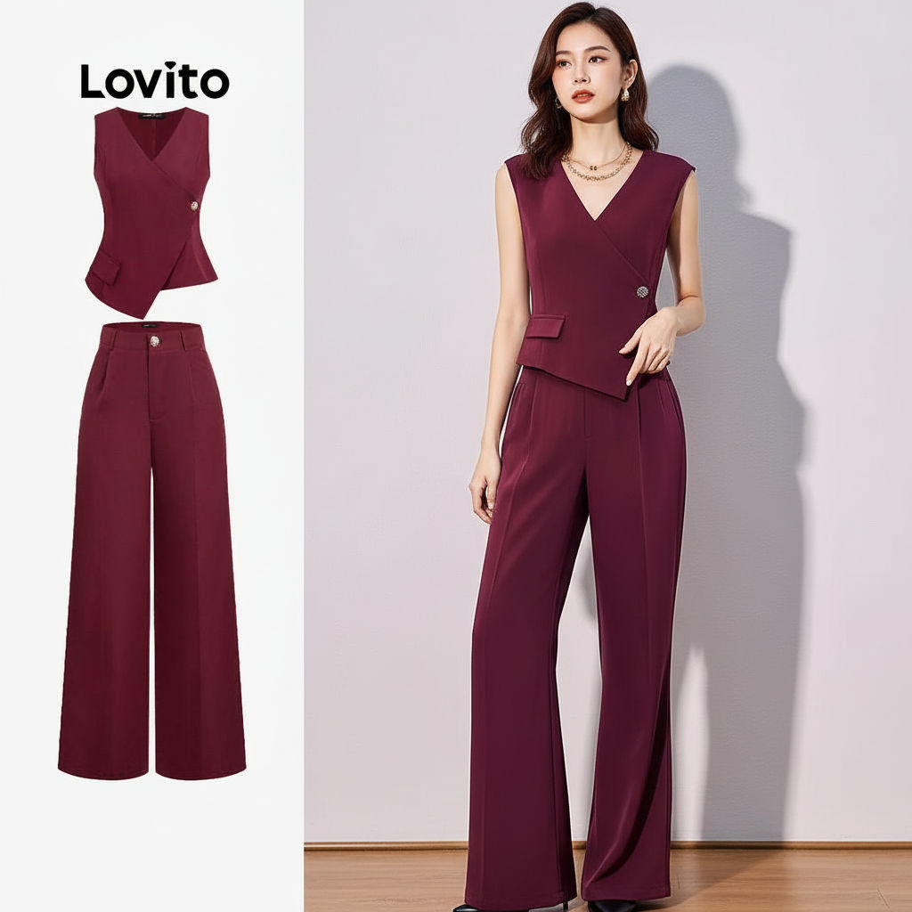Lovito Calças Femininas Burgundy Botão Primavera Verão para Mulheres L165ED1008 Lovito Calças Femininas Burgundy Botão Primavera Verão para Mulheres L165ED1008