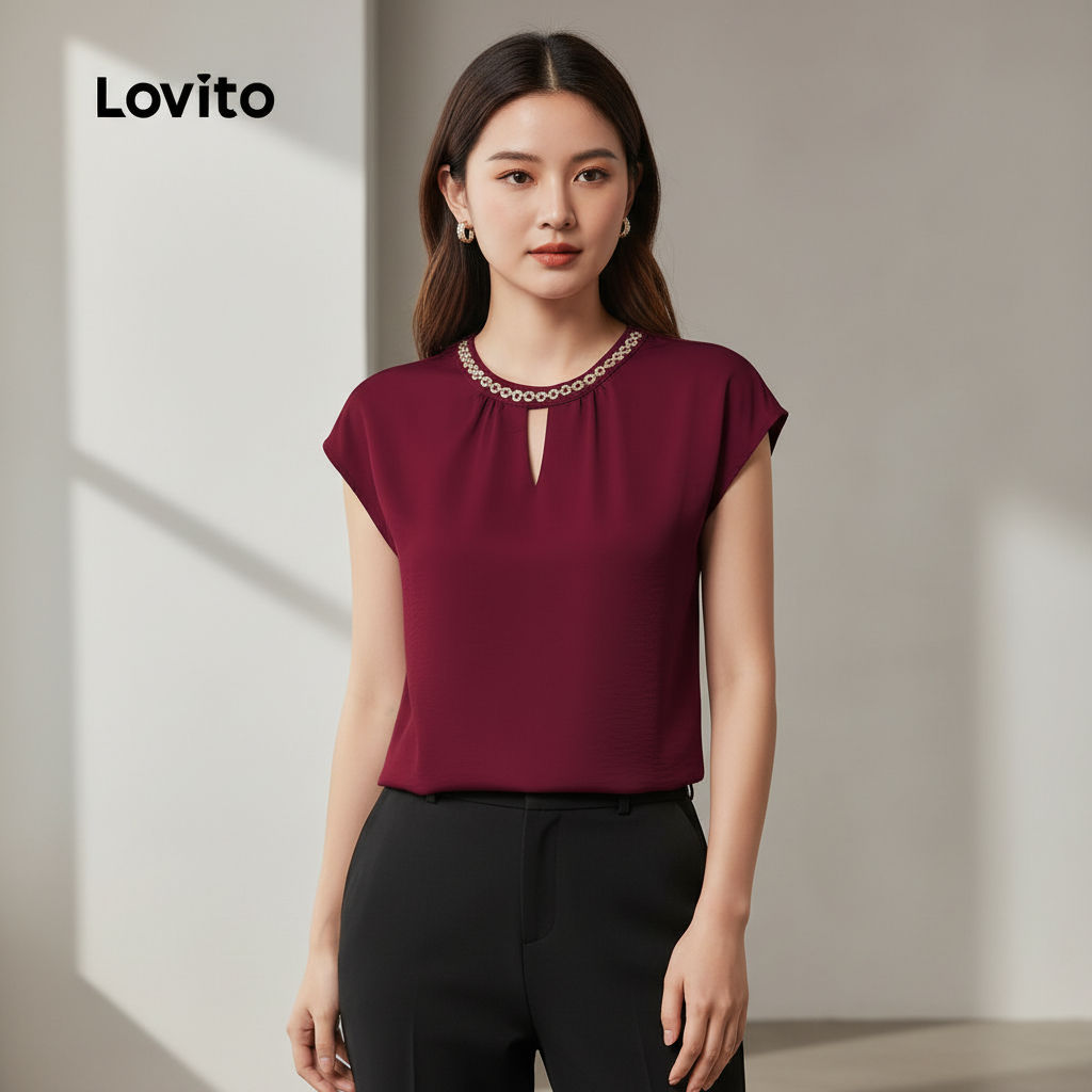 Blusa Feminina Lovito Recortes Vinho Casual Primavera Verão LK2ED830 Blusa Feminina Lovito Recortes Vinho Casual Primavera Verão LK2ED830