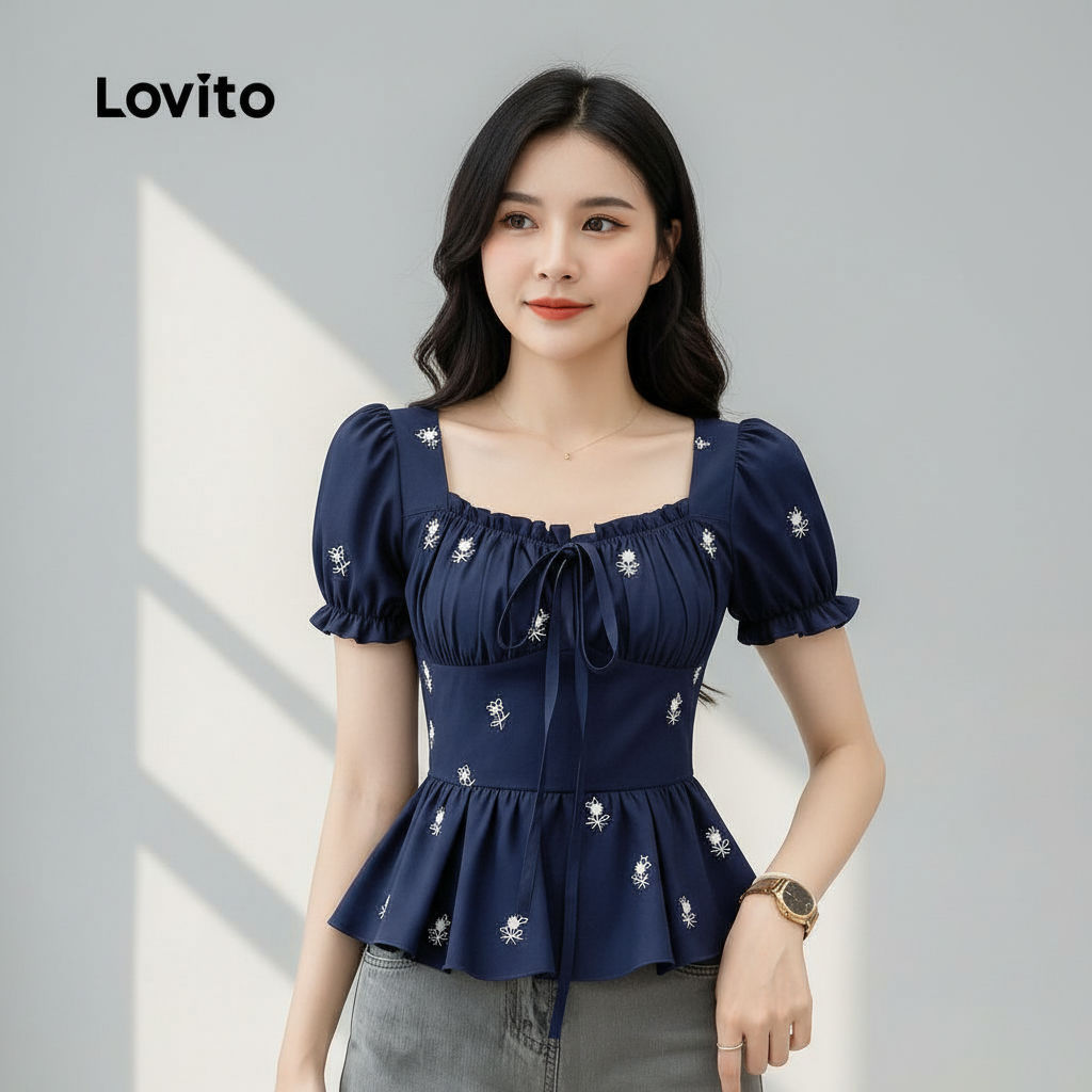 Lovito Blusa Azul Marinho para Mulheres Casual LK2ED1665 Lovito Blusa Azul Marinho para Mulheres Casual LK2ED1665