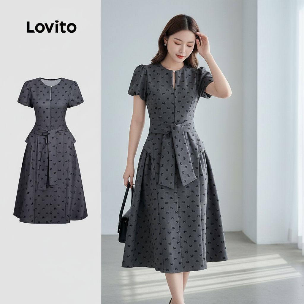 Lovito Vestido Casual Feminino Cinza Primavera Verão L167ED056 Lovito Vestido Casual Feminino Cinza Primavera Verão L167ED056