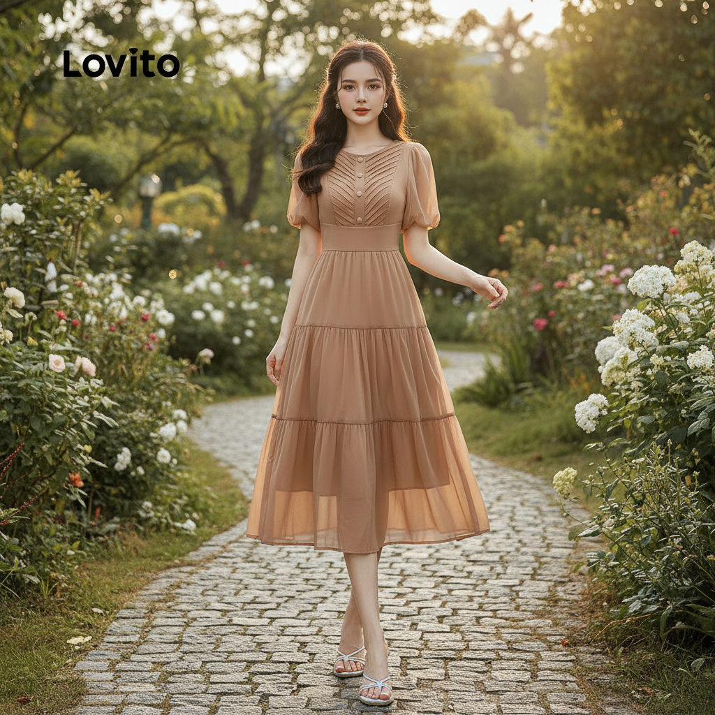 Lovito Vestido Feminino Casual com Estrutura em Linha para Primavera/Verão Caqui L167ED050 Lovito Vestido Feminino Casual com Estrutura em Linha para Primavera/Verão Caqui L167ED050