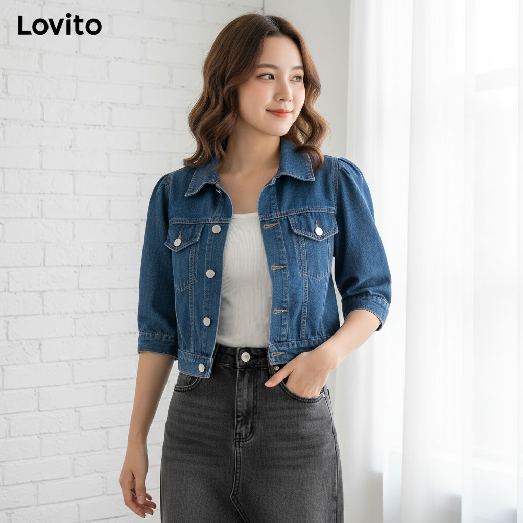 Lovito Casaco Feminino Casual Liso com Botões Jeans Jaqueta Primavera Verão LNM70229 Lovito Casaco Feminino Casual Liso com Botões Jeans Jaqueta Primavera Verão LNM70229