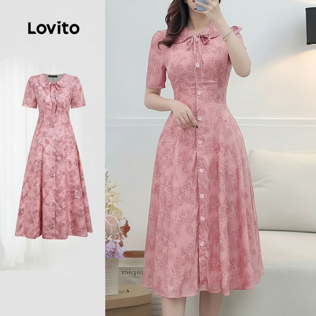 Lovito Vestido Feminino Casual Floral com Laço Frontal Primavera Verão Rosa L165ED1520 Lovito Vestido Feminino Casual Floral com Laço Frontal Primavera Verão Rosa L165ED1520