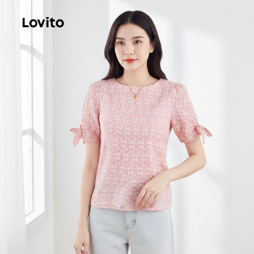 Lovito Blusa Feminina Rosa Com Laço Plissado Primavera Verão Elegante L138AD919 Lovito Blusa Feminina Rosa Com Laço Plissado Primavera Verão Elegante L138AD919