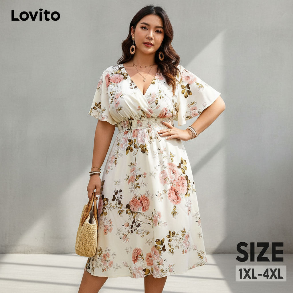 Lovito Vestido Elegante Plus Size Com Estampa Floral Para Mulheres LNL69102 Lovito Vestido Elegante Plus Size Com Estampa Floral Para Mulheres LNL69102