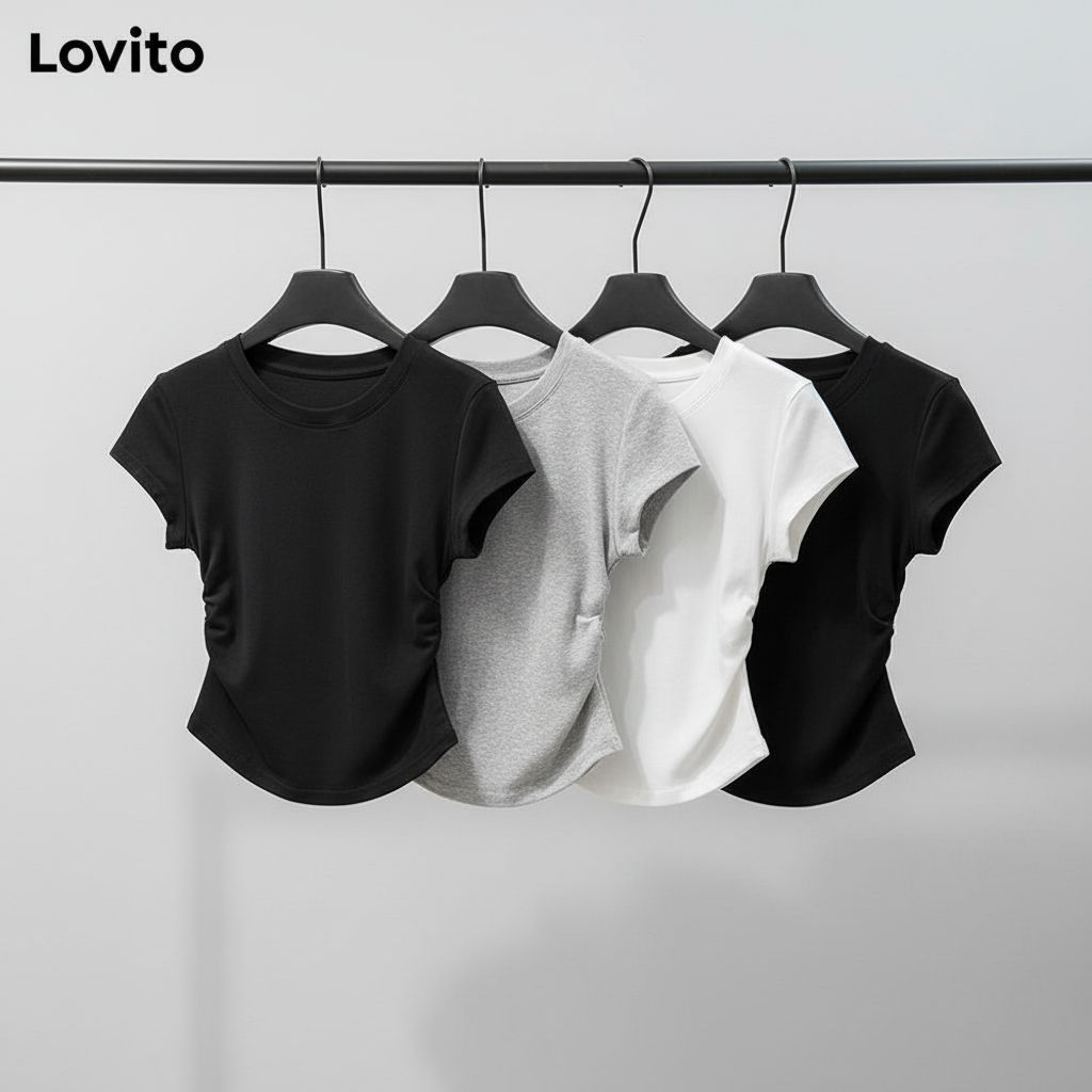 Lovito Camiseta Feminina Lisa Franzida Para Verão Primavera Lne35228 Multicolor Lovito Camiseta Feminina Lisa Franzida Para Verão Primavera Lne35228 Multicolor