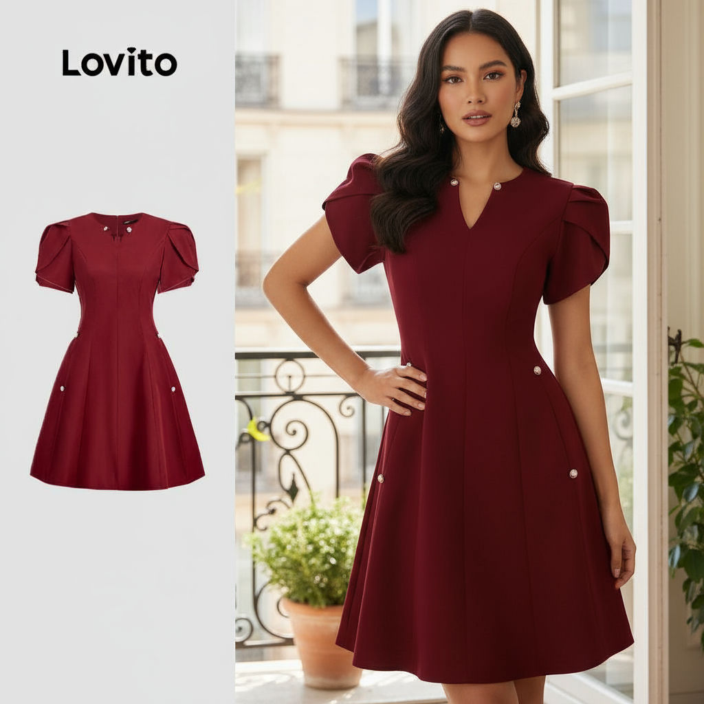 Lovito Vestido Feminino Elegante Jenela Design Minimalista com Botões Primavera/verão Vinho Vermelho L155ED766 Lovito Vestido Feminino Elegante Jenela Design Minimalista com Botões Primavera/verão Vinho Vermelho L155ED766