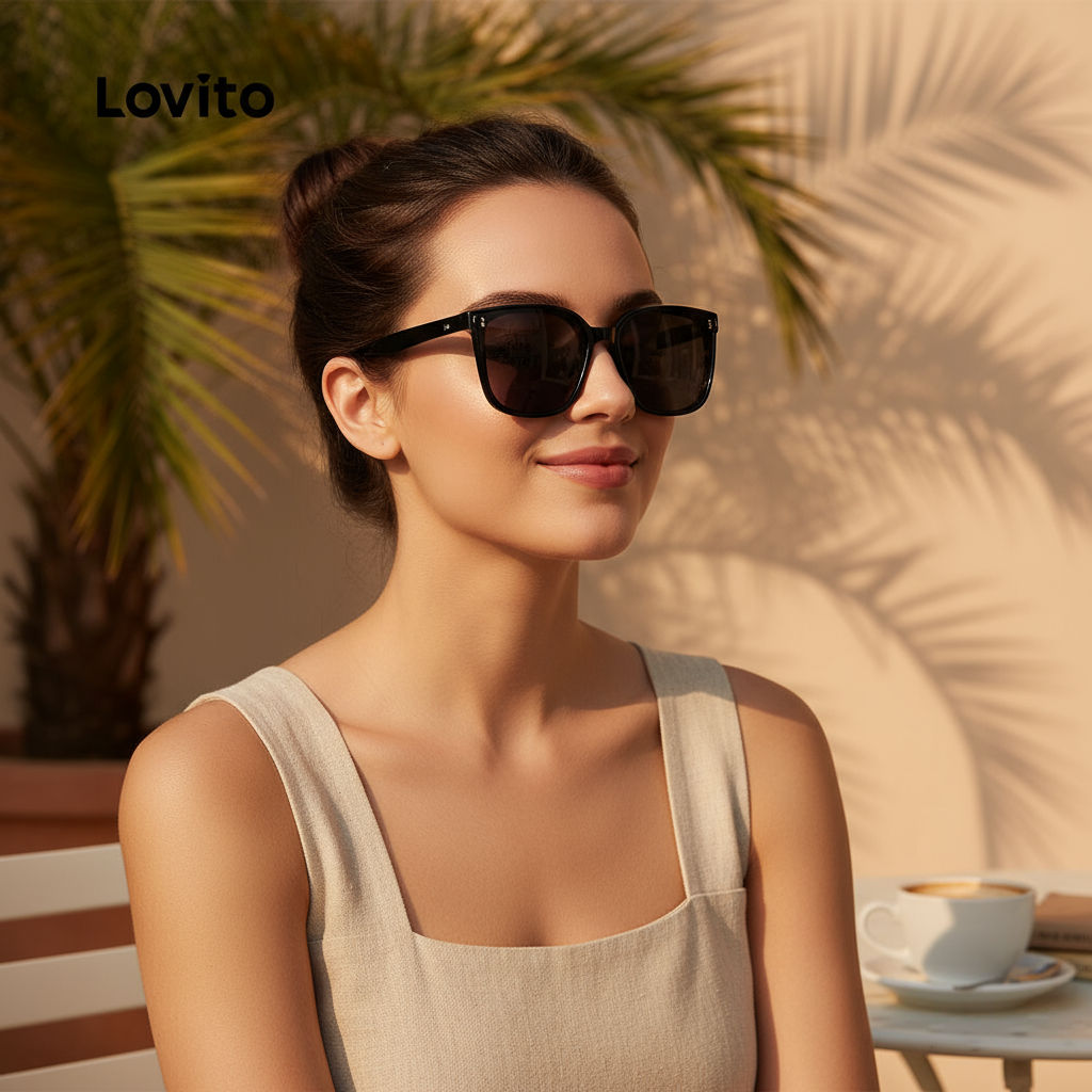 (Trendy2) Lovito Óculos De Sol Casuais Lisos, Combinados, Básicos, De Aro Completo, Para Mulheres L34AD057 (Preto) (Trendy2) Lovito Óculos De Sol Casuais Lisos, Combinados, Básicos, De Aro Completo, Para Mulheres L34AD057 (Preto)