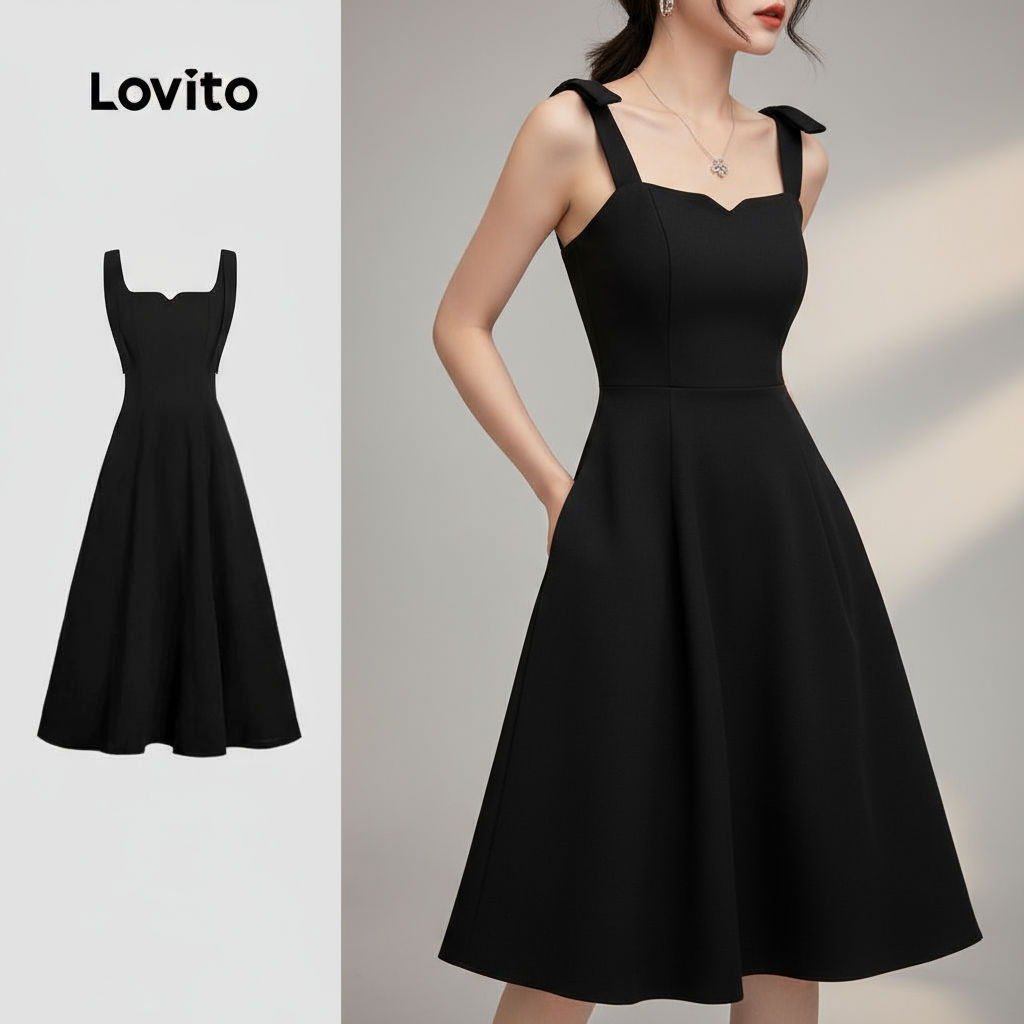 Lovito Vestido Feminino Casual com Bolso e Cadarço Preto para Verão e Primavera L134ED498 Lovito Vestido Feminino Casual com Bolso e Cadarço Preto para Verão e Primavera L134ED498