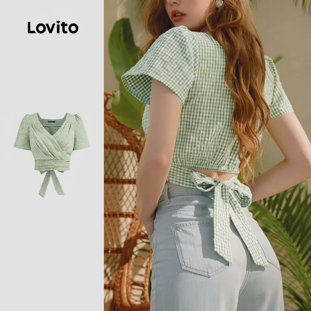 Lovito Blusa Feminina Casual Xadrez com Zíper e Renda Plissada L133ED822 Lovito Blusa Feminina Casual Xadrez com Zíper e Renda Plissada L133ED822
