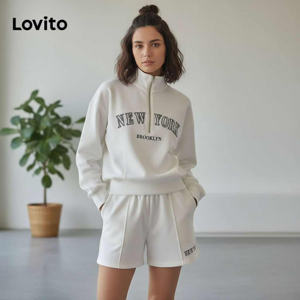 Lovito Blusas e calças femininas casuais com bolso com zíper e estrutura de letras LBL11125 Lovito Blusas e calças femininas casuais com bolso com zíper e estrutura de letras LBL11125