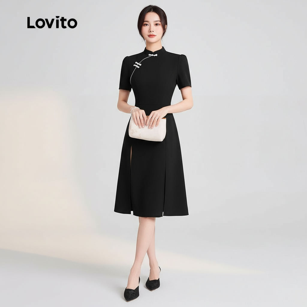 Lovito Vestido Casual Estilo Chinês Cheongsam Qipao Botão Primavera/verão Preto L166AD247 Lovito Vestido Casual Estilo Chinês Cheongsam Qipao Botão Primavera/verão Preto L166AD247