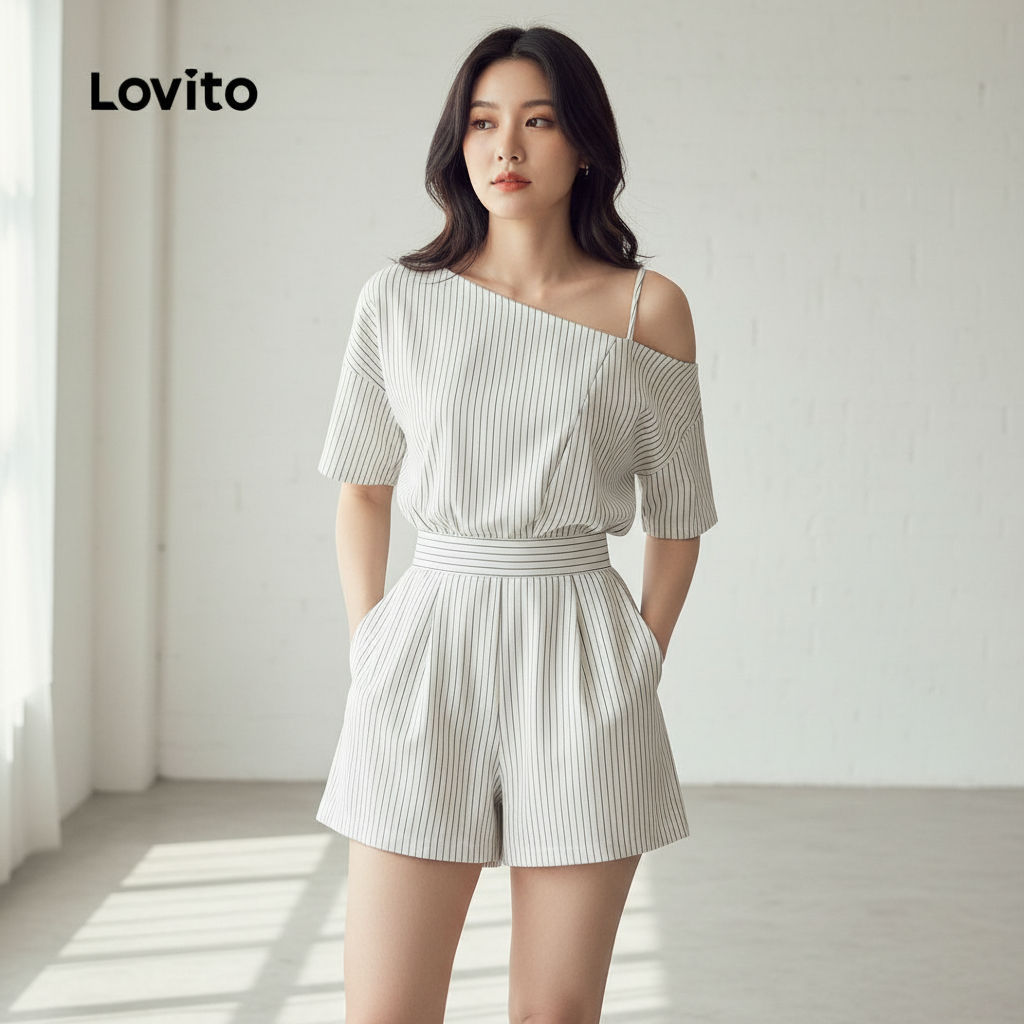 Lovito Macacão Feminino Assimétrico Casual Primavera Verão Preto Branco L158ED1250 Lovito Macacão Feminino Assimétrico Casual Primavera Verão Preto Branco L158ED1250