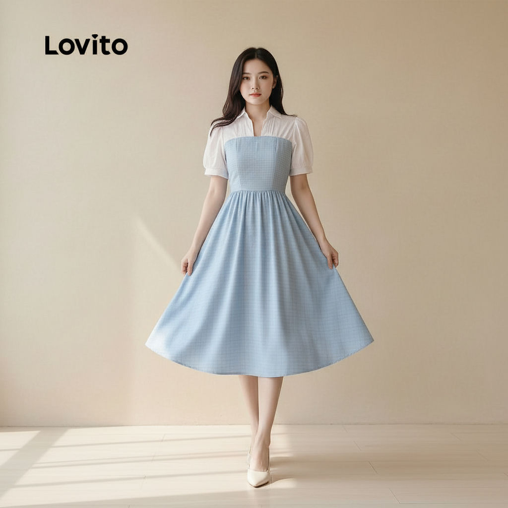 Lovito Vestido Feminino Casual em Tons de Azul para Primavera Verão L158AD176 Lovito Vestido Feminino Casual em Tons de Azul para Primavera Verão L158AD176