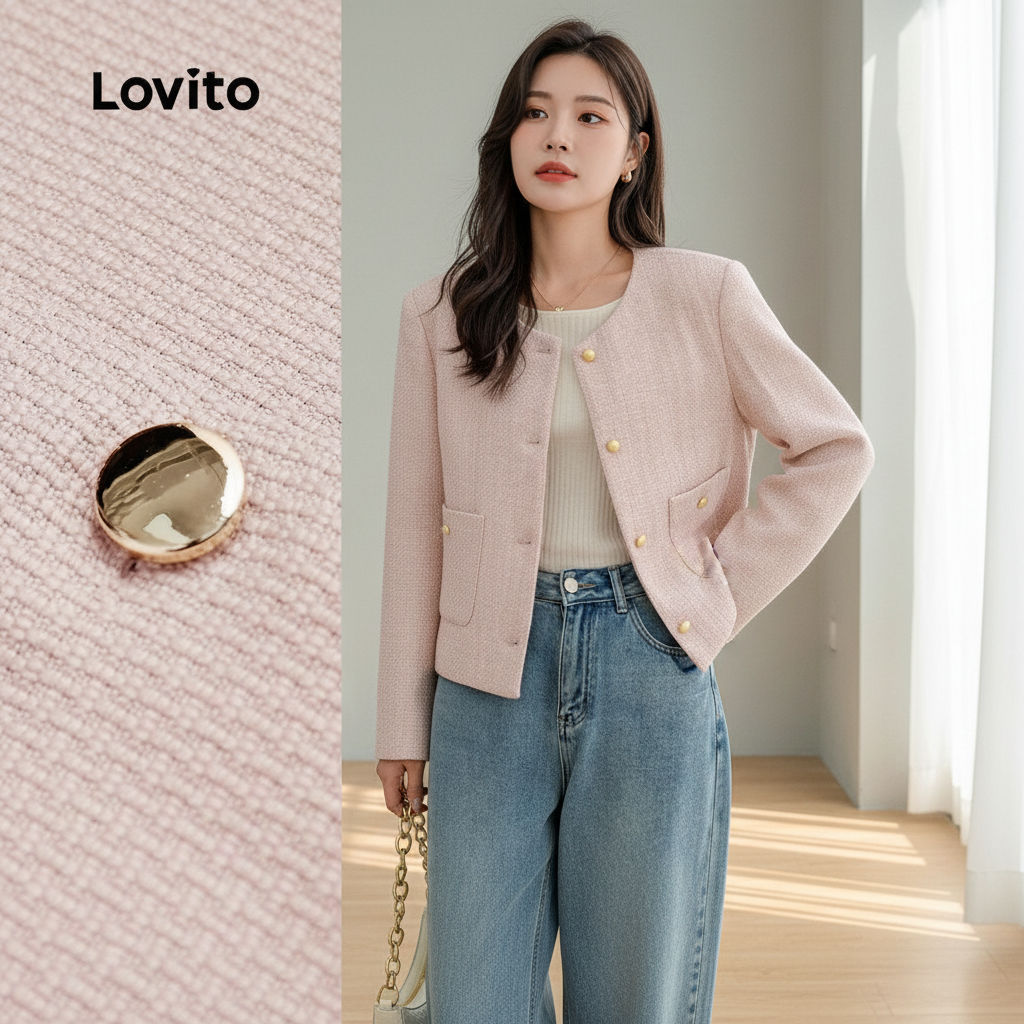 Lovito Casaco Sofisticado com Fivela de Bolso Modelagem Outono Inverno Rosa Feminino L156AD250 Lovito Casaco Sofisticado com Fivela de Bolso Modelagem Outono Inverno Rosa Feminino L156AD250