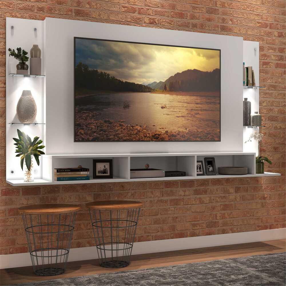 Painel TV 65" com 4 Leds e Prateleiras de Vidro Vegas Premium Multimóveis Branco - Oferta na Shopee