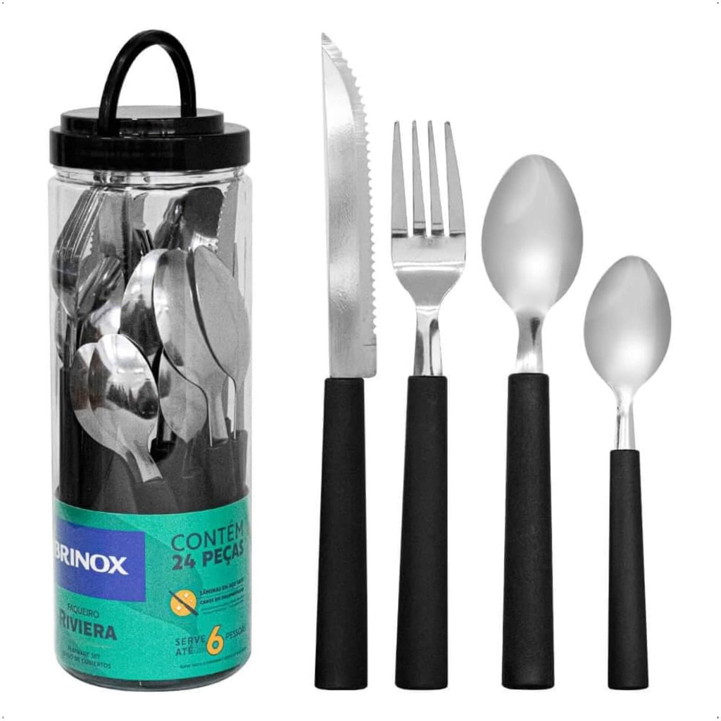 Faqueiro 24 Peças em Aço Inox Riviera preto com Pote de Plástico Brinox - 6025/712 Faqueiro 24 Peças em Aço Inox Riviera preto com Pote de Plástico Brinox - 6025/712 - Oferta na Shopee