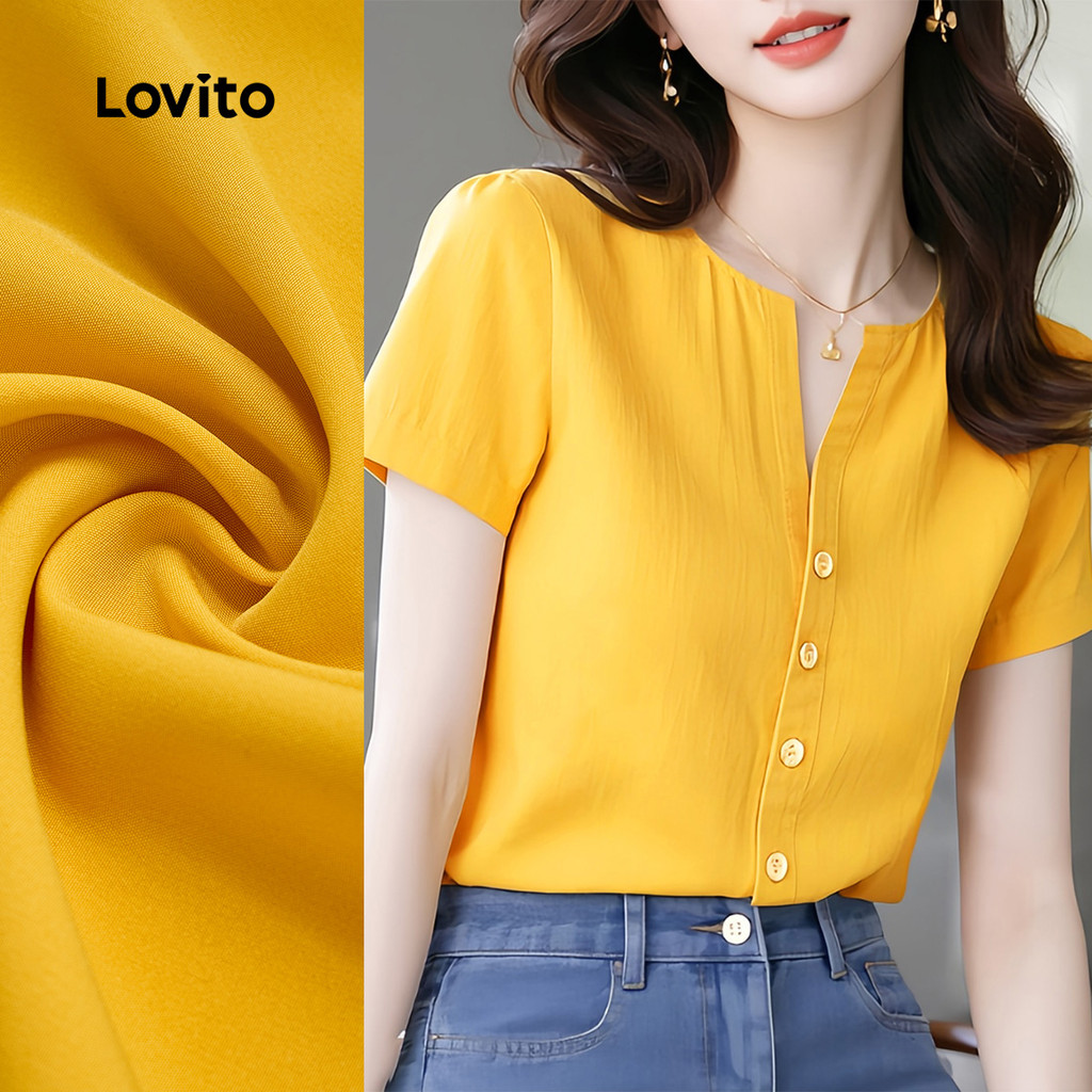 (New) Lovito Blusa Elegante de Botão Na Frente Simples Primavera/verão Blusa Leve Amarela para Mulheres L143ED016 - Oferta na Shopee