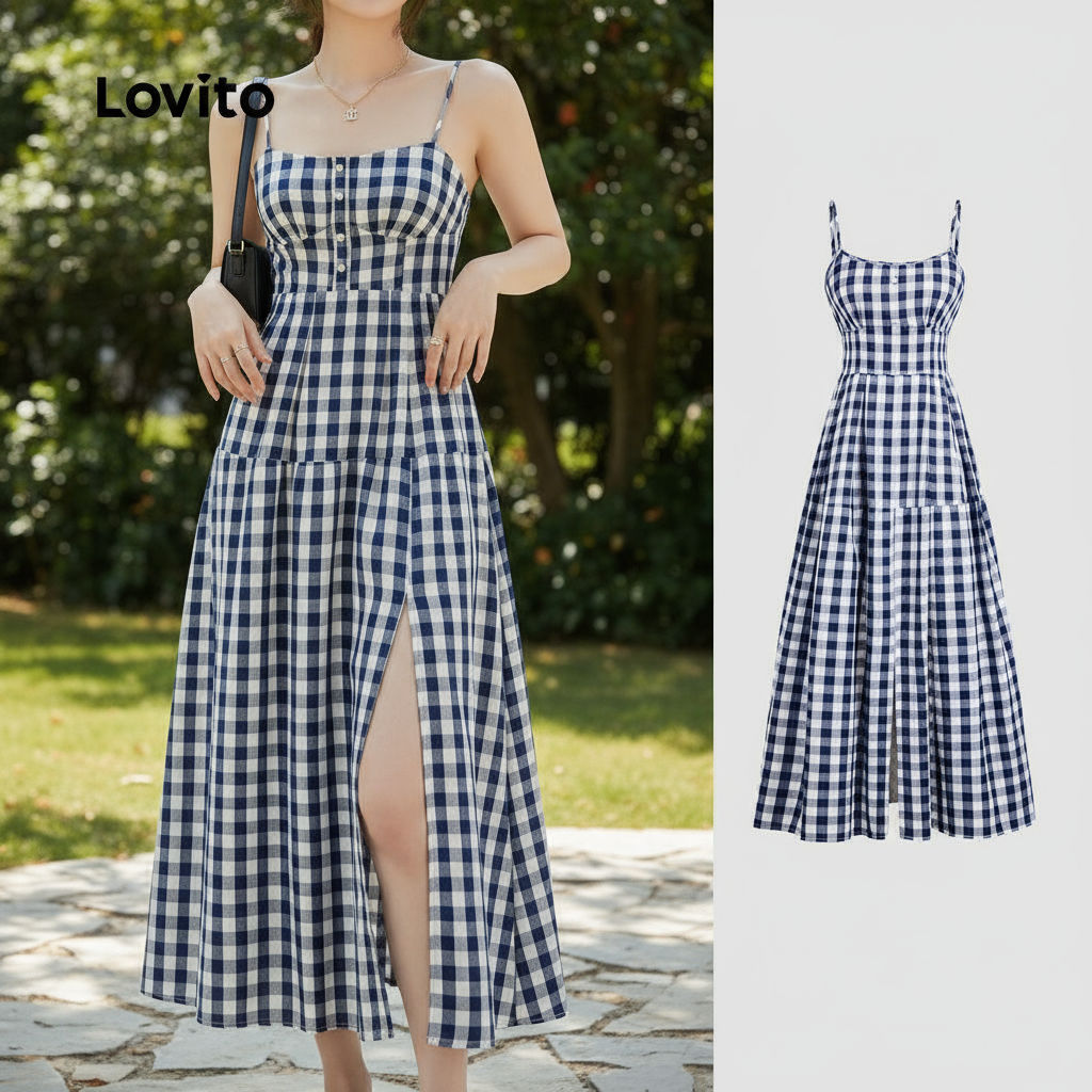 Lovito Vestido Xadrez Dividido Botão Frontal Padrão Primavera/Verão Multicolorido Para Mulheres L135A2D2443 - Oferta na Shopee