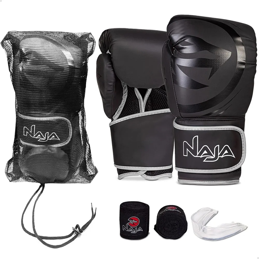Kit Completo Luva de Boxe Naja Black /Luva de Muay Thai Naja + Bandagem + Protetor Bucal + Bolsa Kit Completo Luva de Boxe Naja Black /Luva de Muay Thai Naja + Bandagem + Protetor Bucal + Bolsa - Oferta na Shopee