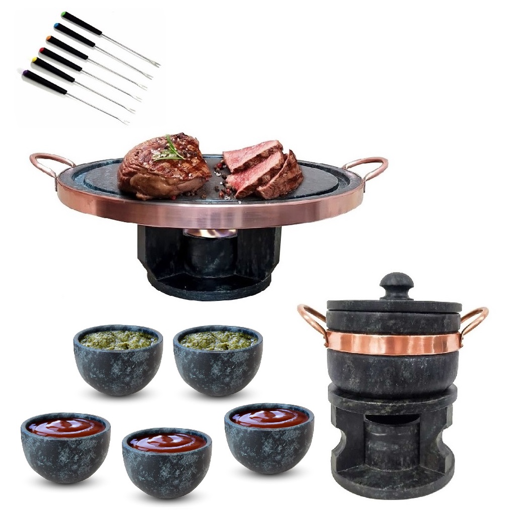 Fondue 37 Pedra Sabão + Fondue 500ml + 6 Garfos + 5 Tigelas. Fondue 37 Pedra Sabão + Fondue 500ml + 6 Garfos + 5 Tigelas. - Oferta na Shopee