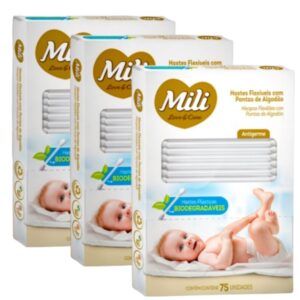 Cotonete Hastes Flexiveis 3 caixas c/ 75 unidades Biodegradável - MILI   (total: 225 hastes) - Oferta na Shopee