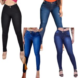 Kit 4 Calças Jeans Feminina Cós Alto Com Lycra Modelagem Levanta Bumbum - Oferta na Shopee
