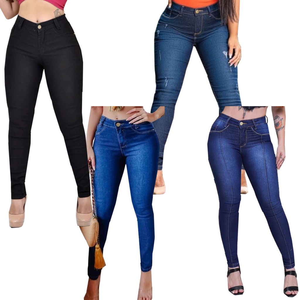 Kit 4 Calças Jeans Feminina Cós Alto Com Lycra Modelagem Levanta Bumbum Kit 4 Calças Jeans Feminina Cós Alto Com Lycra Modelagem Levanta Bumbum