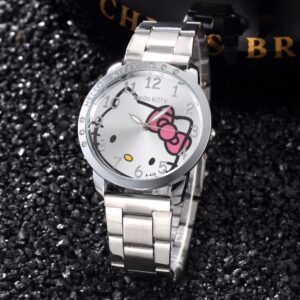 Relógio de Pulso de Quartzo Mostrador Hello Kitty com Pulseira de Aço Inoxidável Feminino Casual Luxuoso - Oferta na Shopee