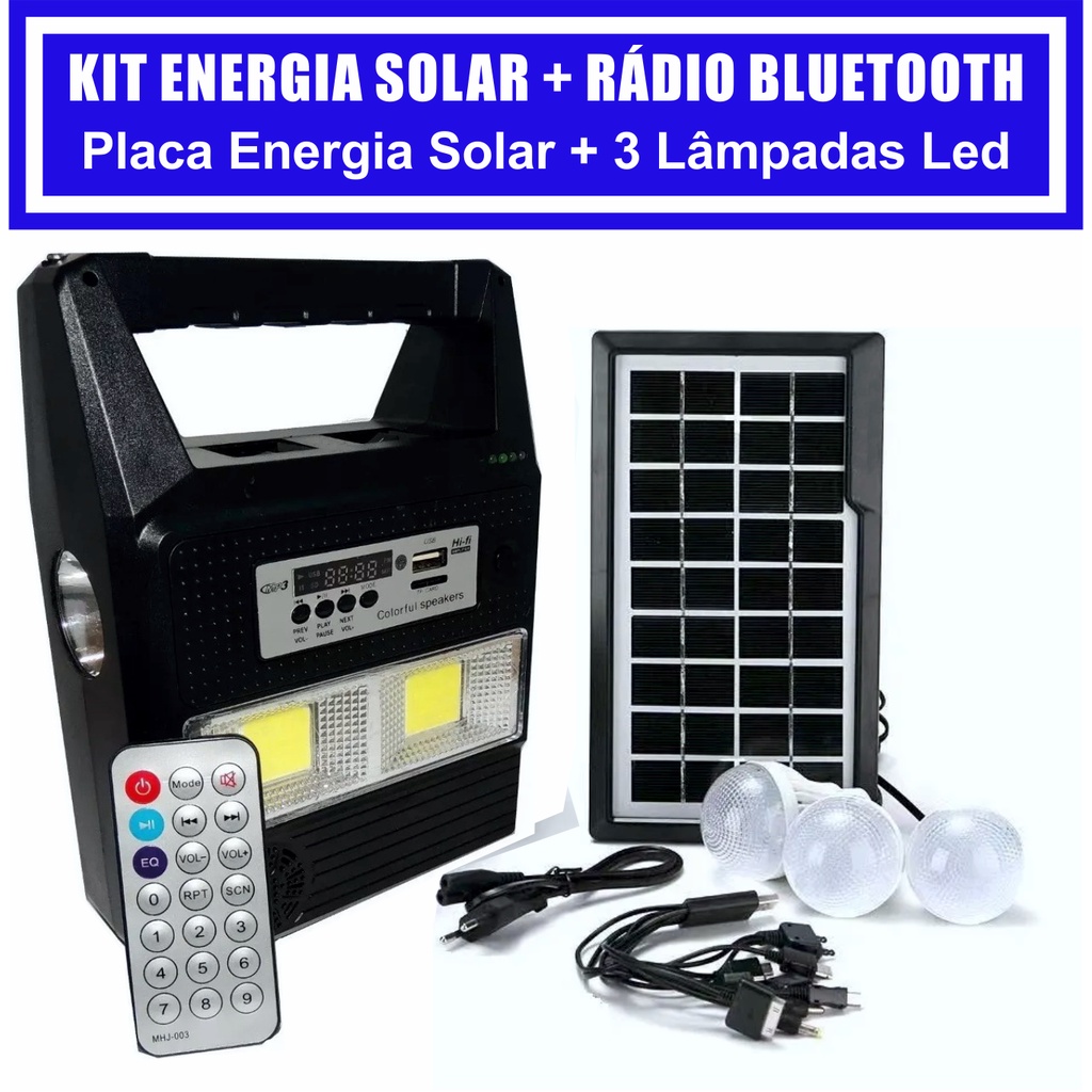 Kit Gerador Energia Solar Rádio Fm Usb Bluetooth Placa Solar 3 Lampadas Led Kit Gerador Energia Solar Rádio Fm Usb Bluetooth Placa Solar 3 Lampadas Led