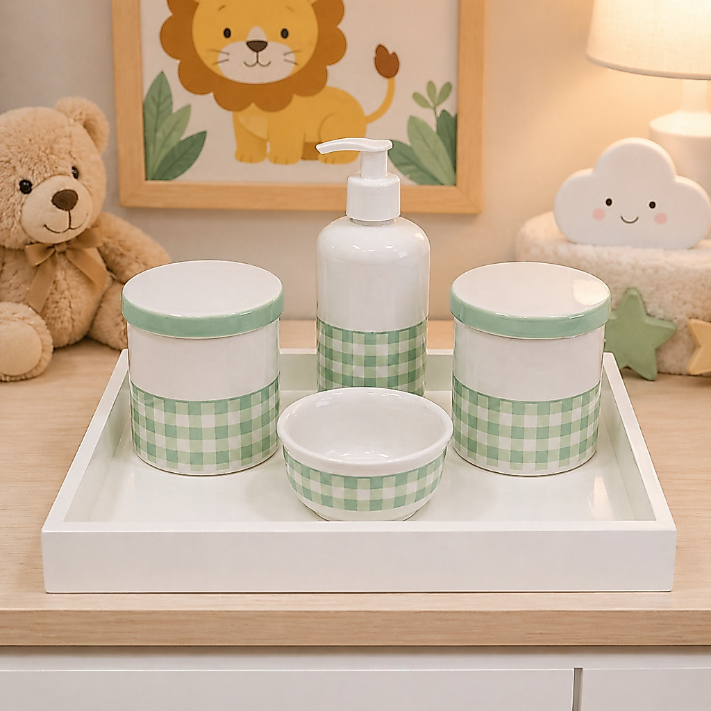 Kit Bebe Porcelana Higiene Maternidade Xadrez Verde Delicado Kit Bebe Porcelana Higiene Maternidade Xadrez Verde Delicado