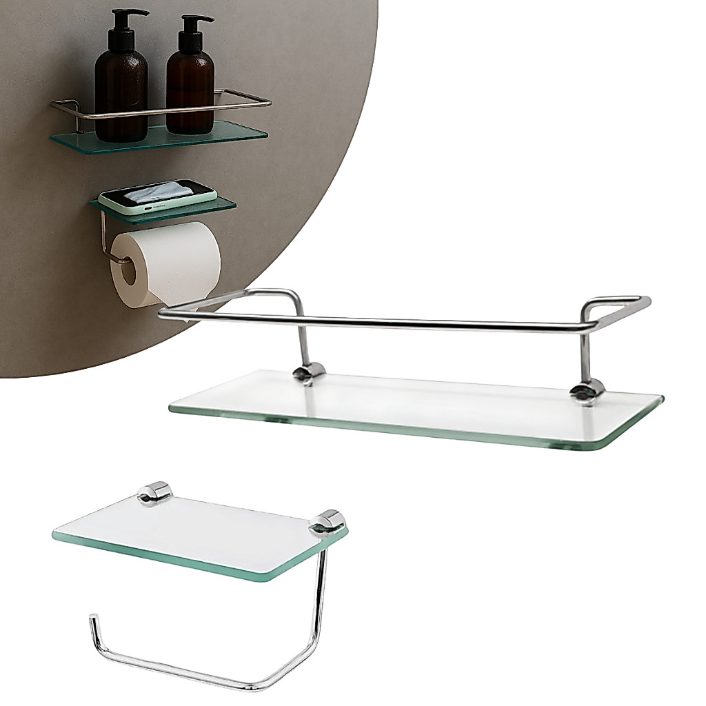 Kit Porta Shampoo Reto Veneza Prateleira Vidro 30cm + Papeleira com Porta Objetos Porta Celular Kit Porta Shampoo Reto Veneza Prateleira Vidro 30cm + Papeleira com Porta Objetos Porta Celular