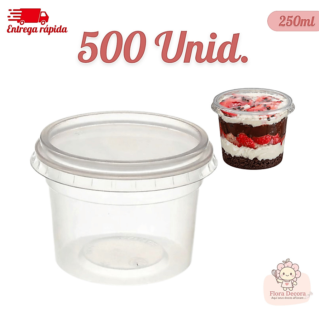 Kit 500 Pote Redondo Com Tampa Para Sobremesa e Alimentos Plástico 250ml Kit 500 Pote Redondo Com Tampa Para Sobremesa e Alimentos Plástico 250ml