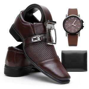 Sapato Social Masculino Cor Café + Cinto + Carteira + Relógio - Oferta na Shopee