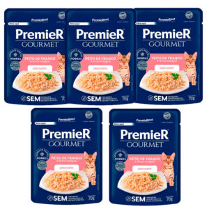 Kit com 5 Rações Úmidas Premier Gourmet Gatos Filhotes Peito de Frango/Arroz 70g - Oferta na Shopee