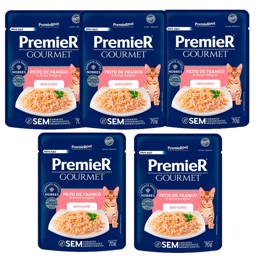 Kit com 5 Rações Úmidas Premier Gourmet Gatos Filhotes Peito de Frango/Arroz 70g Kit com 5 Rações Úmidas Premier Gourmet Gatos Filhotes Peito de Frango/Arroz 70g