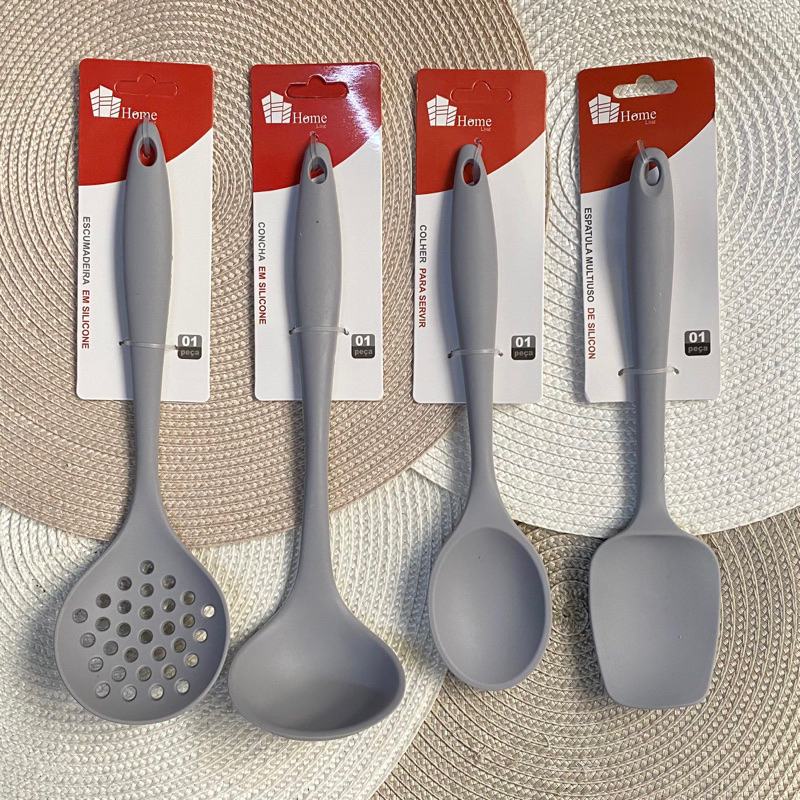 Jogo Utensílios de Silicone Para Cozinha Cinza Talher Silicone Jogo Utensílios de Silicone Para Cozinha Cinza Talher Silicone