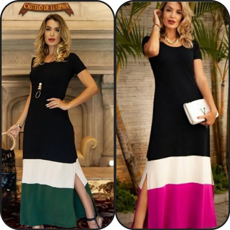 (03 ref.) Vestido longo feminino bicolor tamanho único e plussais gola casual manga curta (03 ref.) Vestido longo feminino bicolor tamanho único e plussais gola casual manga curta