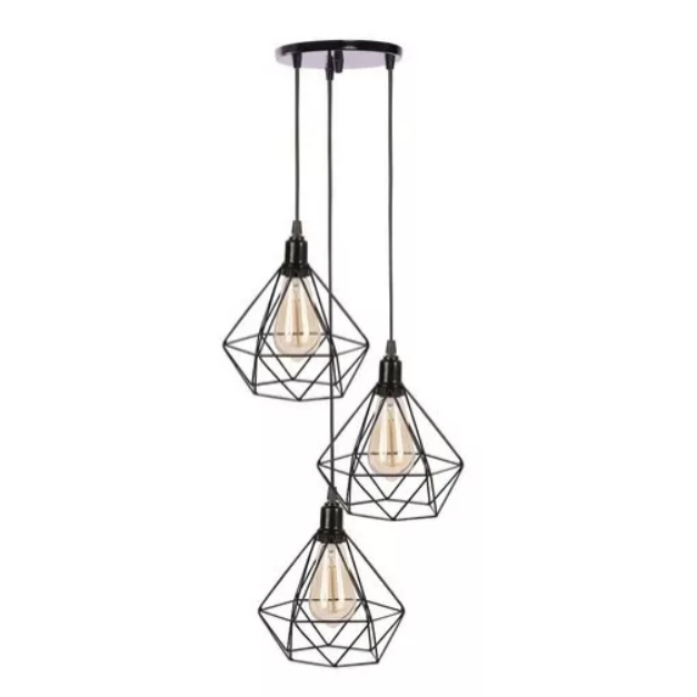 3 Pendentes Luminaria Diamante Preto Triplo Canopla Unica Retro Vintage 3 Pendentes Luminaria Diamante Preto Triplo Canopla Unica Retro Vintage