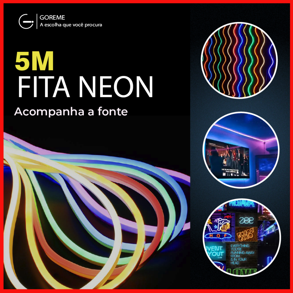 Fita de LED Mangueira Neon 5 Metros IP65 Flexível Com ou Sem Fonte | 8 Cores Fita de LED Mangueira Neon 5 Metros IP65 Flexível Com ou Sem Fonte | 8 Cores