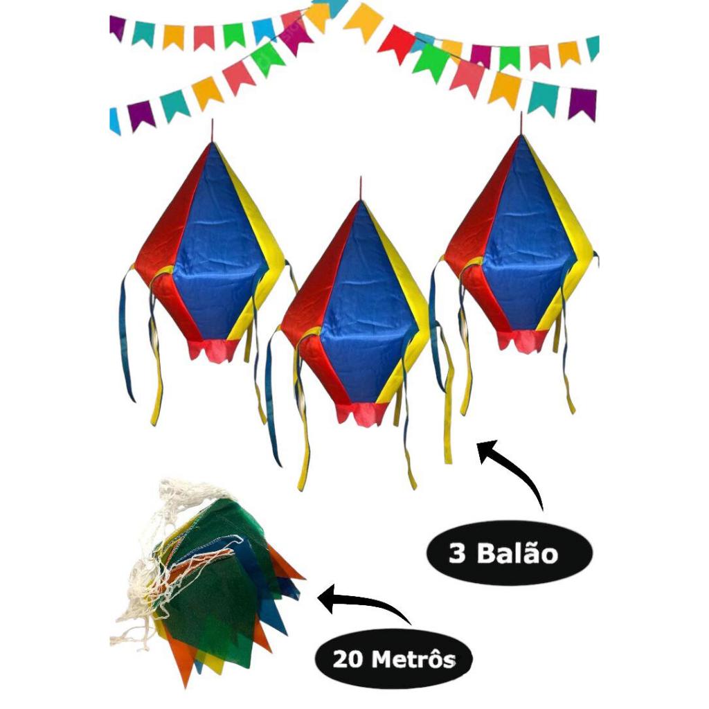 Kit Decoração Festa Junina 20m Bandeirinhas + 3 Balão Tecido Kit Decoração Festa Junina 20m Bandeirinhas + 3 Balão Tecido