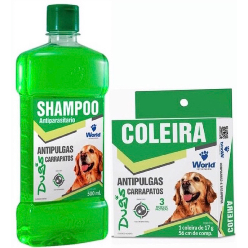 Kit 1 Shampoo 500Ml + 1 Coleira Dugs Antipulgas e Carrapatos p/Cães 17g c/ 56cm- World Veterinária Kit 1 Shampoo 500Ml + 1 Coleira Dugs Antipulgas e Carrapatos p/Cães 17g c/ 56cm- World Veterinária