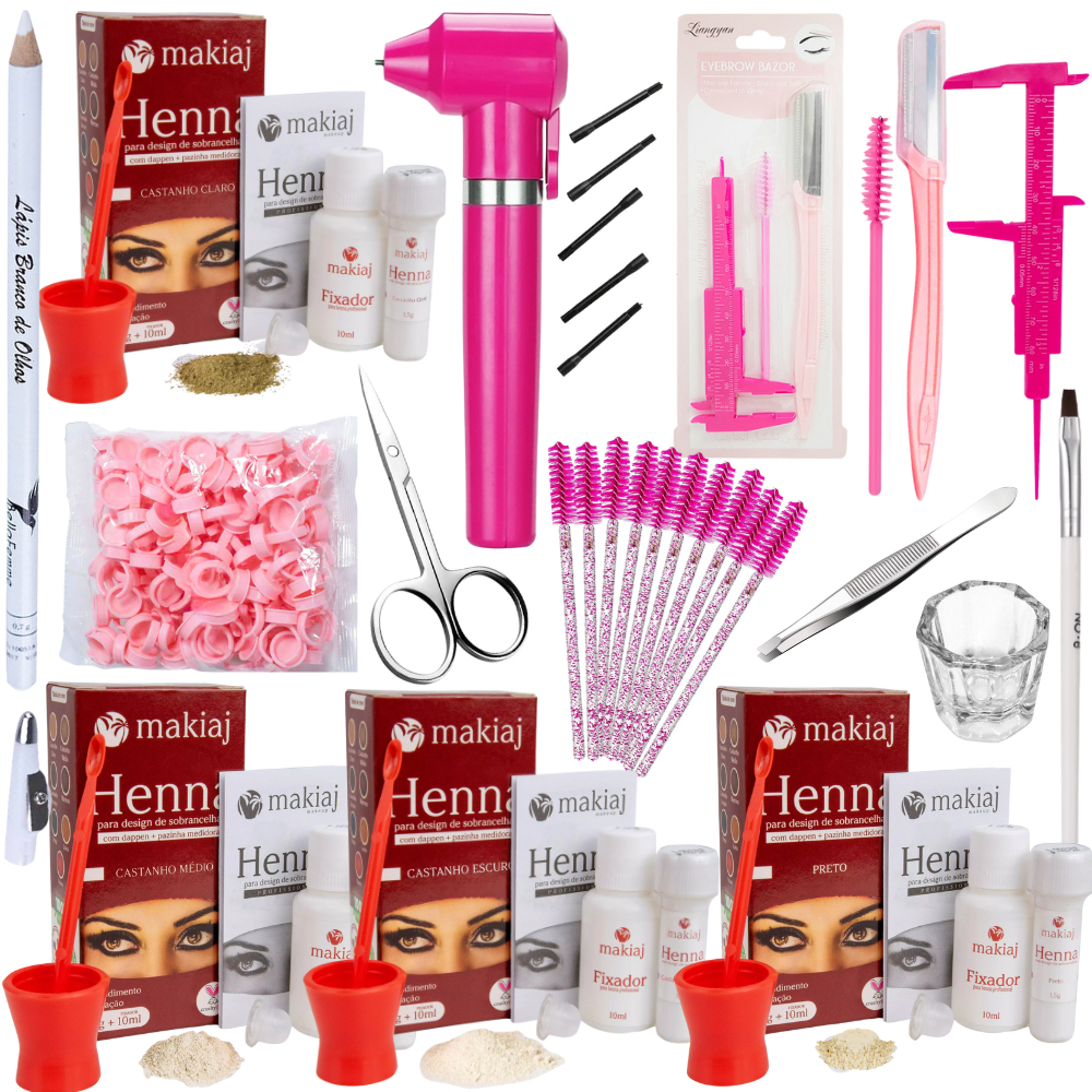 Kit design de sobrancelhas profissional completo. Com henna,mixer,paquímetro,escovinha,anel batoque Kit design de sobrancelhas profissional completo. Com henna