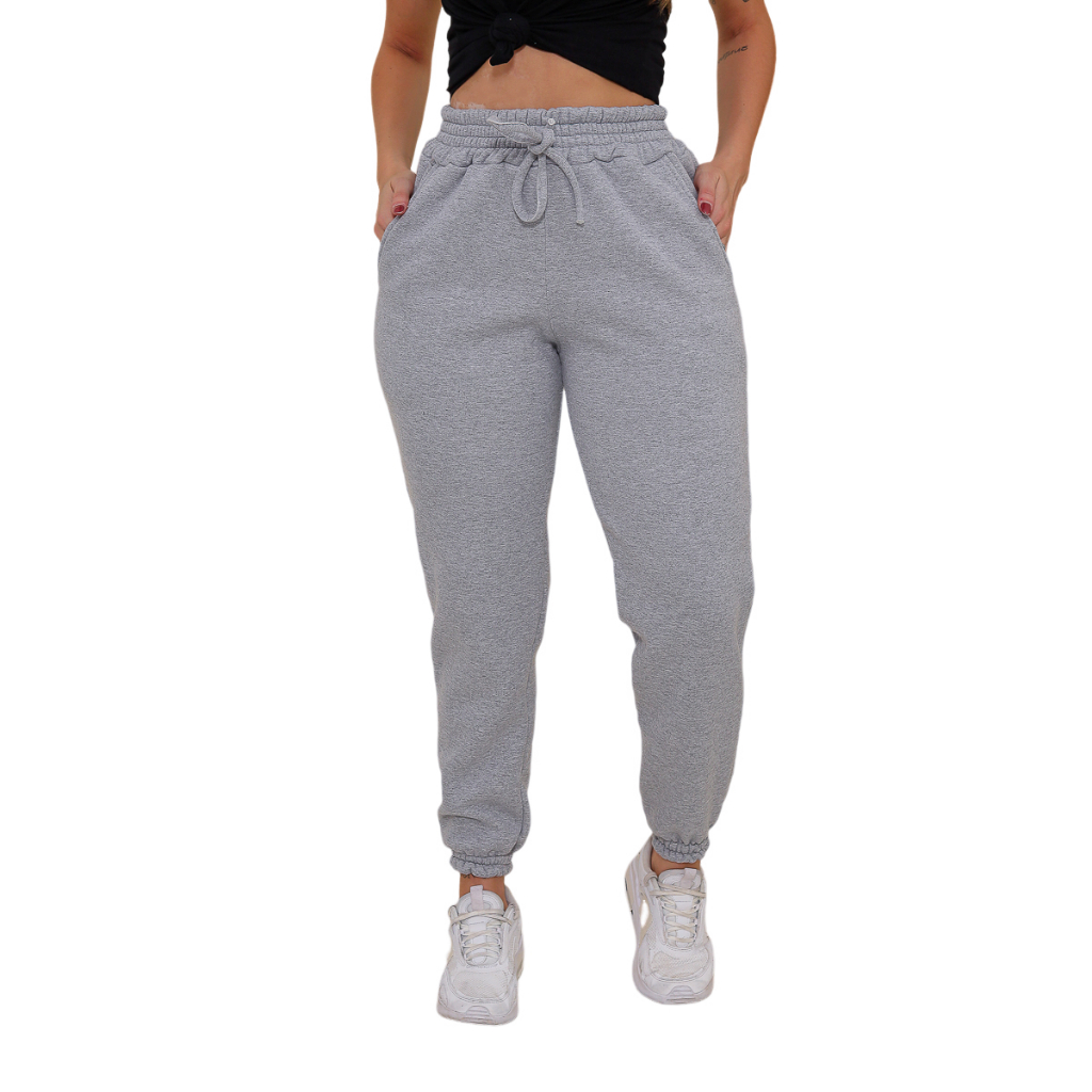 Calça Feminino Moletom Jogger Cintura Alta Bolsos Laterais De Inverno Calça Feminino Moletom Jogger Cintura Alta Bolsos Laterais De Inverno