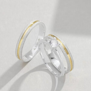 Par de alianças prata 950 friso banhado a ouro minimalista casal 3Mm com anel solitário noivado - Oferta na Shopee